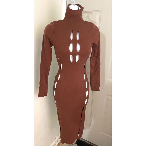 NWT Hera Collection Brown Turtleneck Knit Midi Women’s Dress Cut-Out SZ Medium - Picture 1 of 9